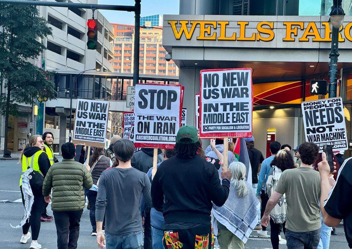Protesters marched through uptown Charlotte on Saturday, February 28, 2026 to condemn U.S. involvement in a deadly attack on Israel that killed and injured hundreds.
