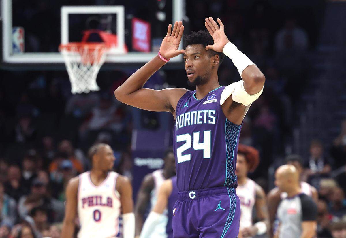 Charlotte Hornets guard Brandon Miller shows moose horns following a play by forward/center Moussa Diabate during action against the Philadelphia 76ers at Spectrum Center in Charlotte, North Carolina, on Monday, Jan. 26, 2026. The Hornets defeated the 76ers 130-93.