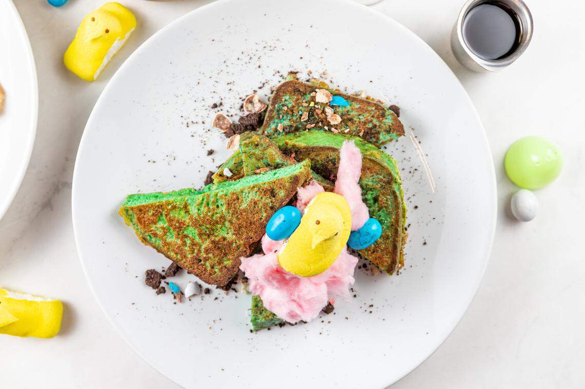 Alchemy’s colorful Easter French toast comes with a few candy accompaniments.