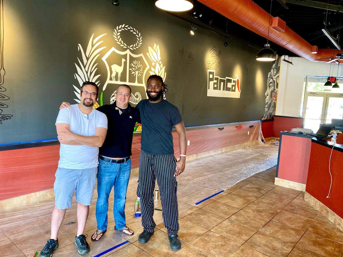 Javier Diaz, left, Panca Peruvian’s sous chef; owner Kyle Van Hess, center; and Aaron Wilson, right, the restaurant manager, worked together at the Spectrum Center before COVID-19 layoffs in March. 