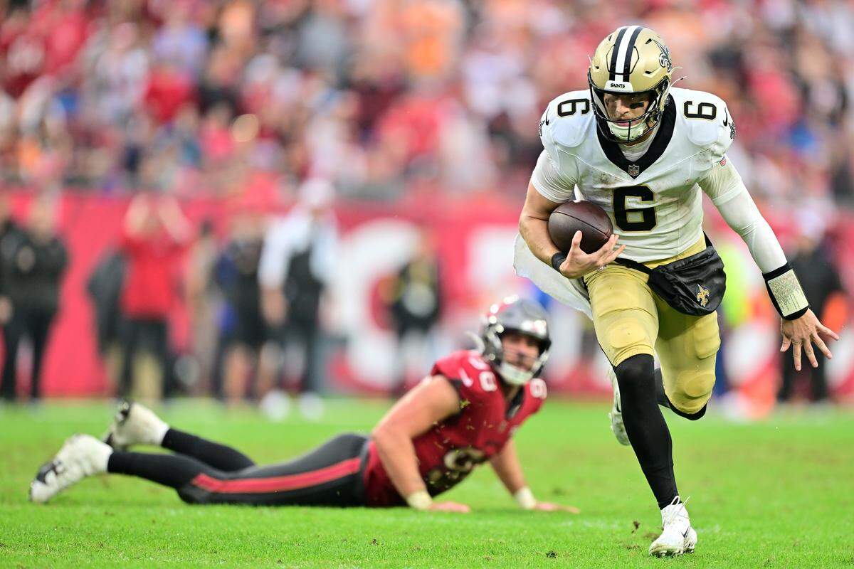 Tyler Shough ran for two touchdowns for New Orleans in the Saints’ 24-20 upset of Tampa Bay Sunday.
