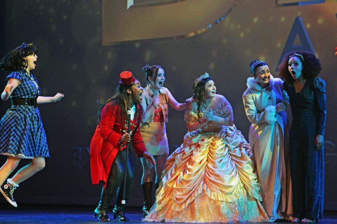Concord Academy’s Lainey Gaston, far right, reacts to the news she just won the 2024 Blumeys’ Best award as the Narrator in “Joseph and the Amazing Technicolor Dreamcoat.” The other Best Actress nominees are with her on stage at Belk Theater.