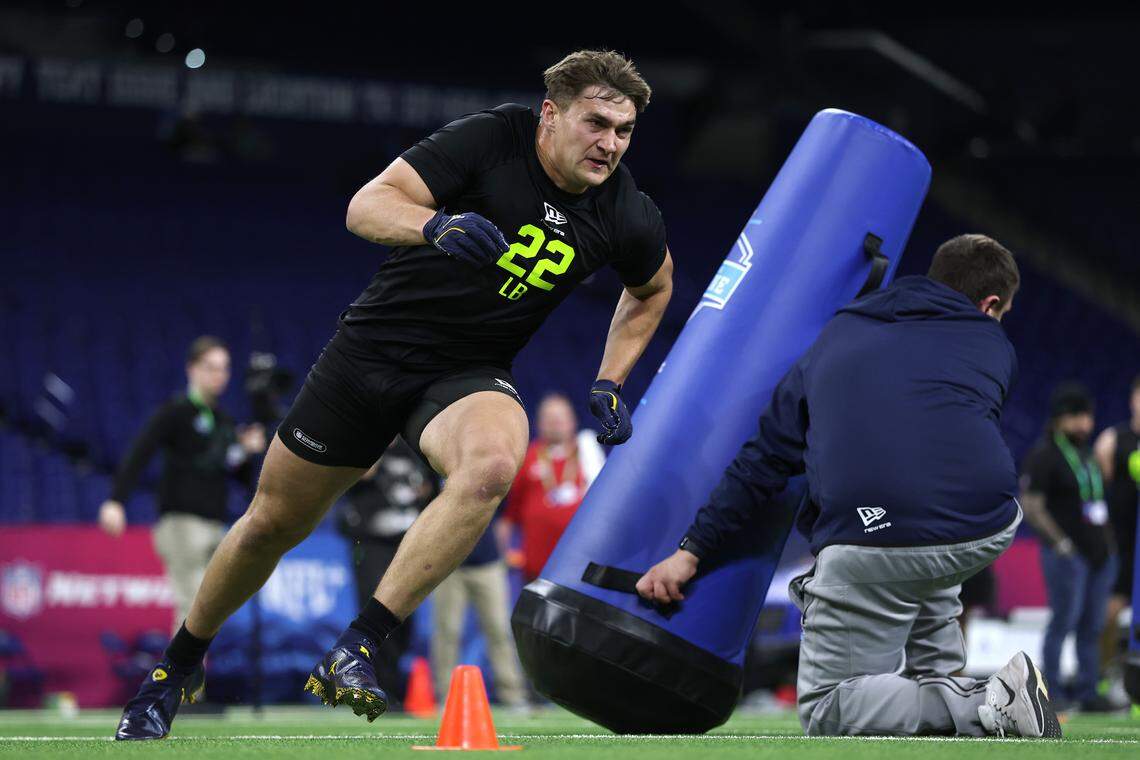 Michigan Wolverines linebacker Jimmy Rolder participates in a drill during the 2026 NFL Scouting Combine at Lucas Oil Stadium on February 26, 2026 in Indianapolis, Indiana. (Photo by Stacy Revere/Getty Images)