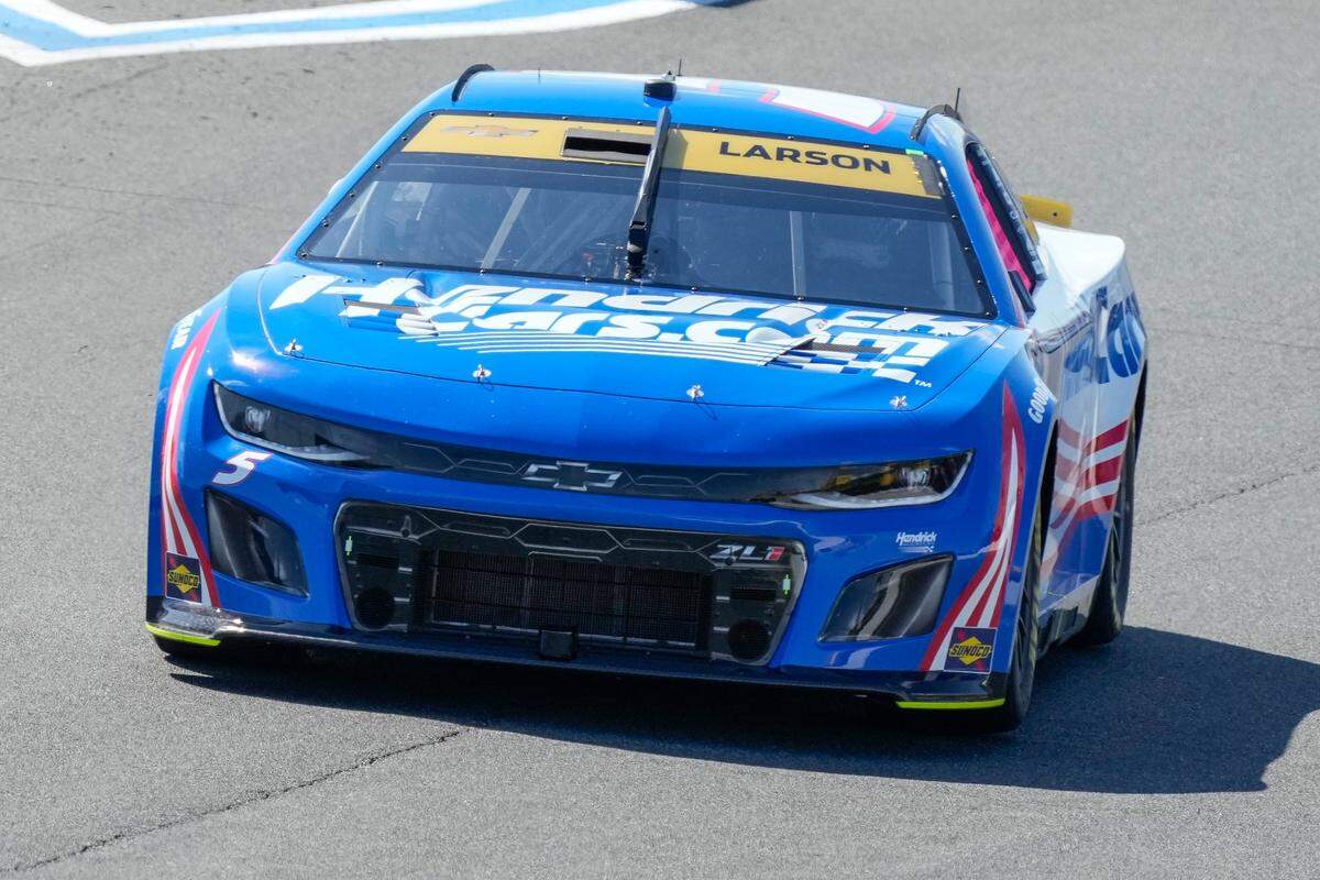 Oct 7, 2023; Concord, North Carolina, USA; NASCAR Cup Series driver Kyle Larson (5) during Cup practice and qualifying at Charlotte Motor Speedway Road Course. Mandatory Credit: Jim Dedmon-USA TODAY Sports