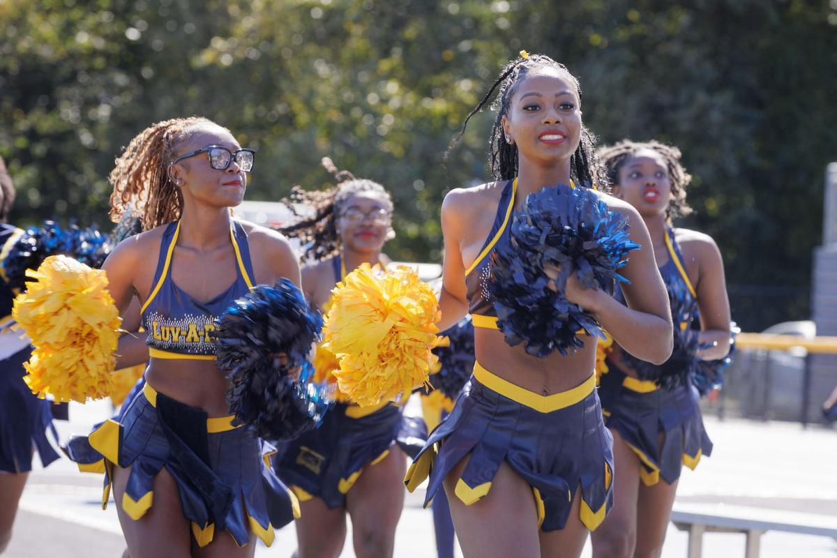 Johnson C Smith University cheerleaders perform during homecoming football game. The Bulls go to 7-0 as they defeat Shaw University 21-14 Saturday October 19, 2024.