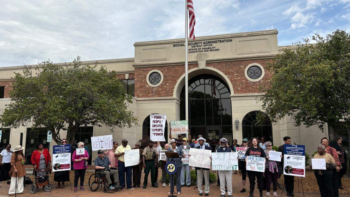 U.S. Rep. Alma Adams, D-NC, hold a press conference alongside supporters at a Charlotte Social Security office on April 15, 2025, to speak out against the Trump administration’s handling of the federal agency.