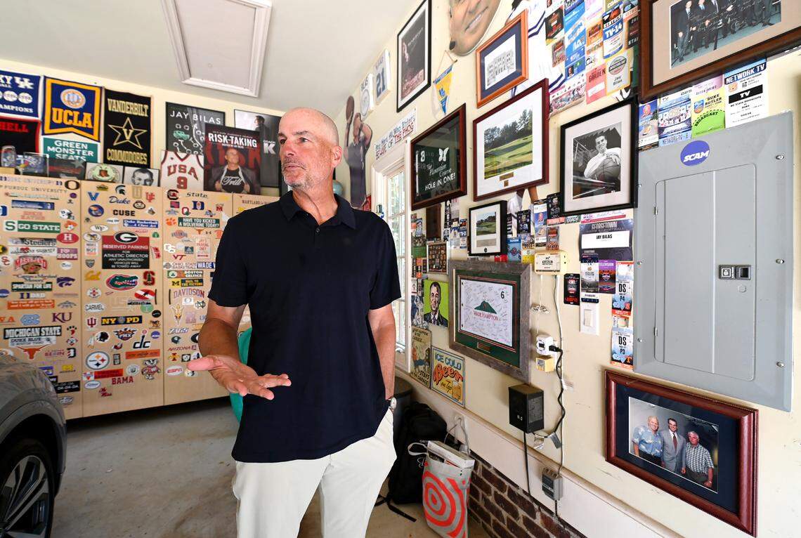 ESPN college basketball analyst Jay Bilas talks about the memorabilia from his career that covers the walls of his garage in Charlotte.