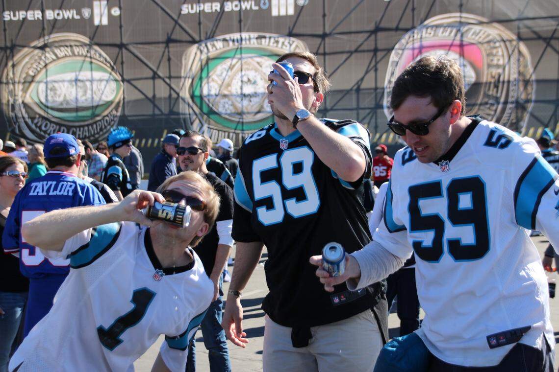 Panthers fans party outside of Levi’s Stadium in Santa Clara, Calif., ahead of Super Bowl 50.