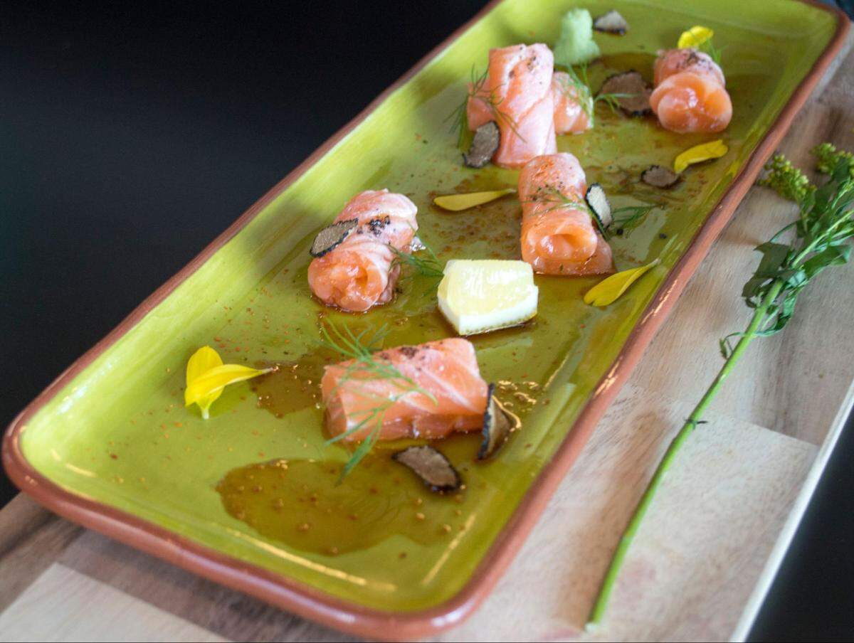 Pair Bride Fox sake with black truffle salmon for the ultimate bite.