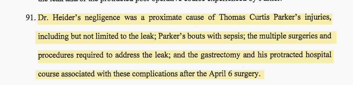 Curtis Parker’s ongoing complications, including eventual stomach removal, were due to Heider’s negligence, a lawsuit by Parker alleged. 