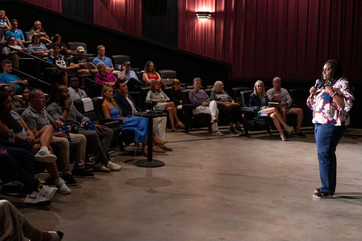 Executive Editor of The Charlotte Observer Rana Cash speaks to the audience ahead of the premiere of The Charlotte Observer’s movie ‘Supermen’ at the Independent Picture House in Charlotte, NC, Thursday July 24, 2025.