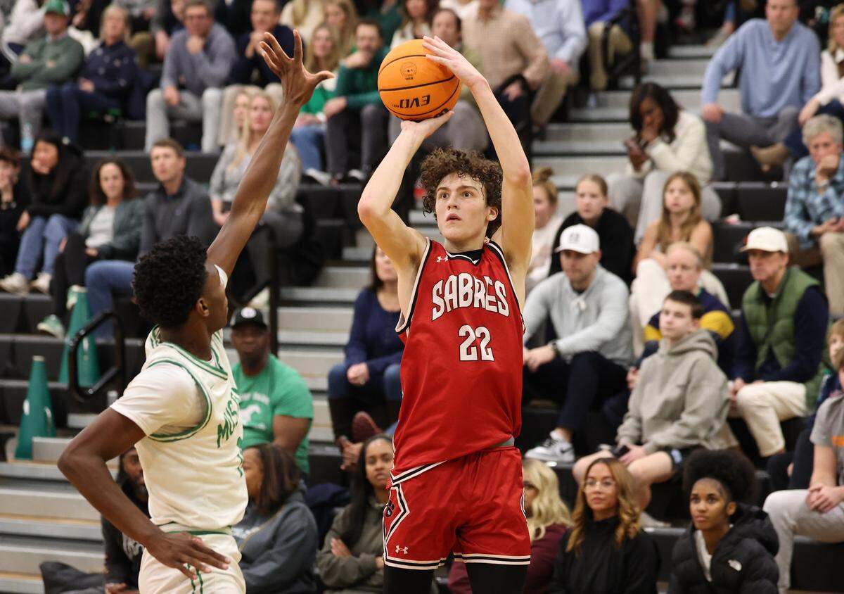 South Meck’s Jim Gatehouse, right, releases a shot over Myers Park’s Niles Nelson, left, during action on Friday, January 17, 2025 at Myers Park High in Charlotte, NC. 