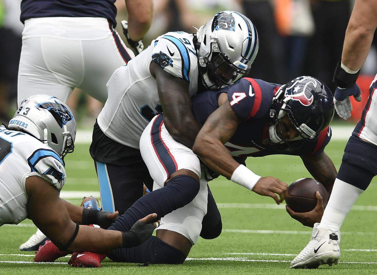 Carolina Panthers edge rusher Mario Addison (97) has 5.5 sacks for the season, which ranks third in the NFL. Five of those have come in the past two games, including this one against Houston and Deshaun Watson.