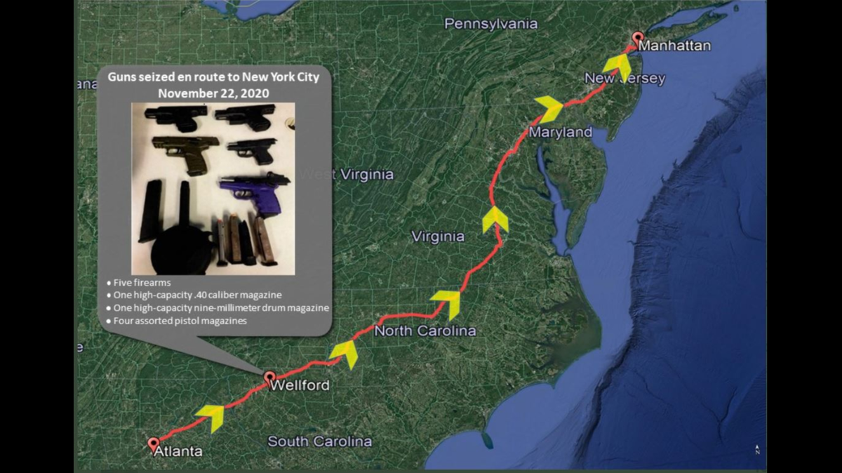 A photo from the U.S. Attorney’s Office for the Southern District of New York shows the path of an interstate gun trafficking operation that feds say transported guns from Georgia to New York City.