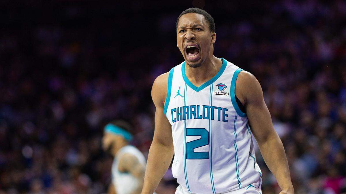Charlotte Hornets forward Grant Williams (2) looks for a foul call after a turnover during the third quarter against the Philadelphia 76ers at Wells Fargo Center in a game earlier this month.