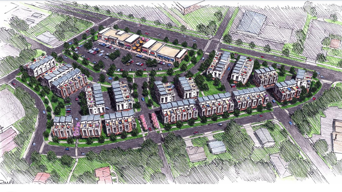 This sketch included with Tuesday night's presentation shows what the housing and retail development could look like near Camp North End.