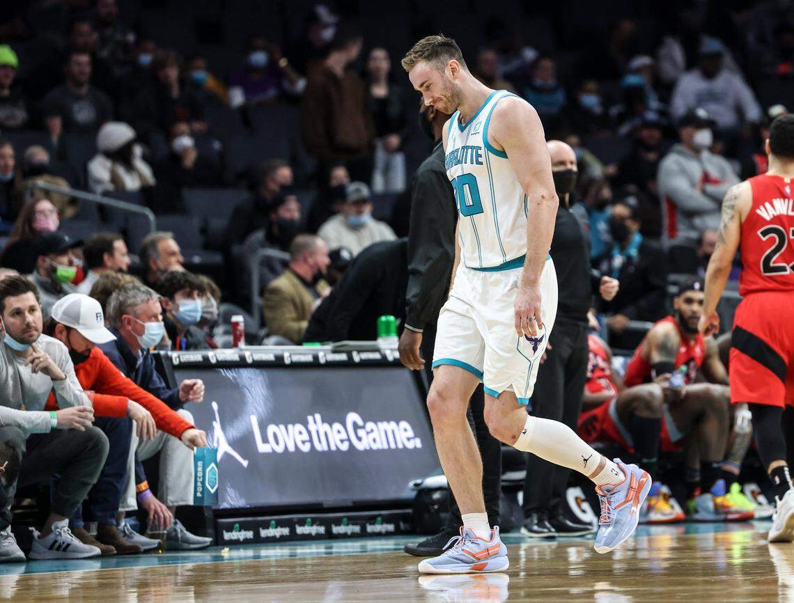 Charlotte Hornets Gordon Hayward limps off the court at the Spectrum Center In Charlotte, N.C., on Monday, February 7, 2022.