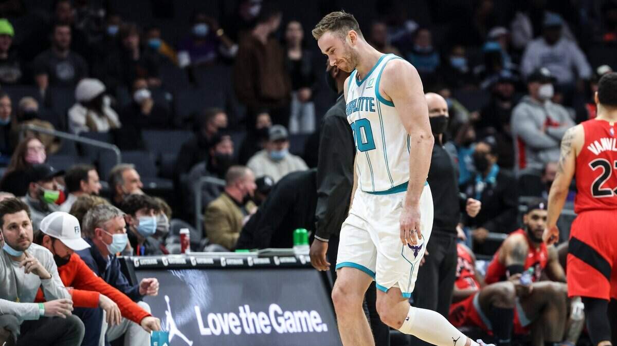 Charlotte Hornets Gordon Hayward limps off the court at the Spectrum Center In Charlotte, N.C., on Monday, February 7, 2022.