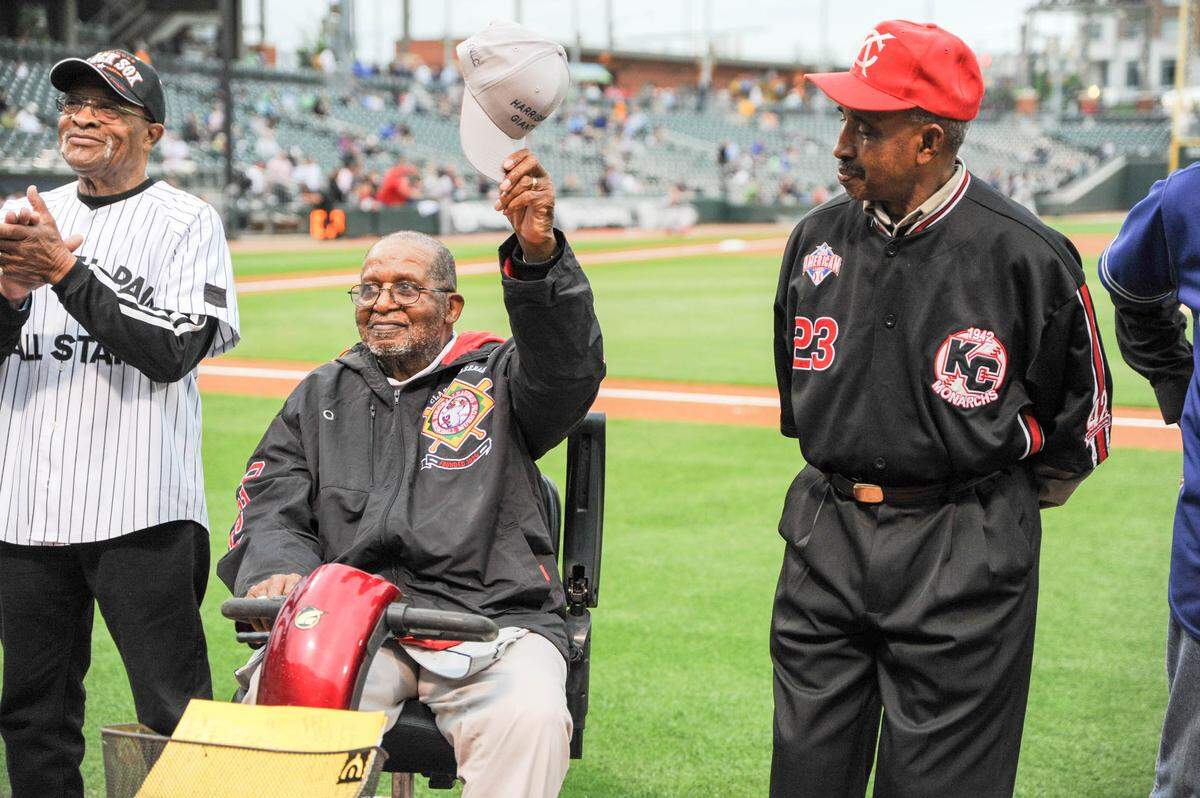 Former Negro Leagues players, from left, Luther Atkinson, Eddie ‘G.G.’ Burton and Sam Allen