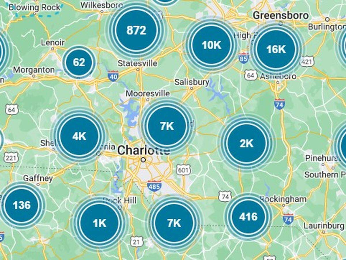 A snapshot of power outages in the Charlotte area at 7 p.m. after storms raced through the region again on Friday, June 17, 2022.