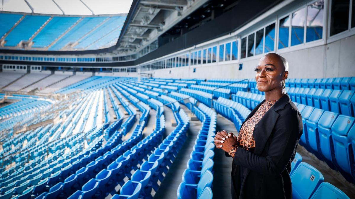 Justine Lindsay, of Charlotte, N.C., recently made history as the first openly trans NFL cheerleader by joining the Carolina Panthers TopCats, Friday, June 24, 2022. at Bank of America Stadium in Charlotte, N.C., Friday, June 24, 2022.