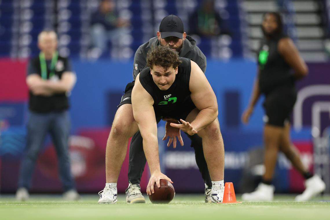 Kansas State’s Sam Hecht participates in a drill during the NFL Scouting Combine at Lucas Oil Stadium on March 1, 2026, in Indianapolis.