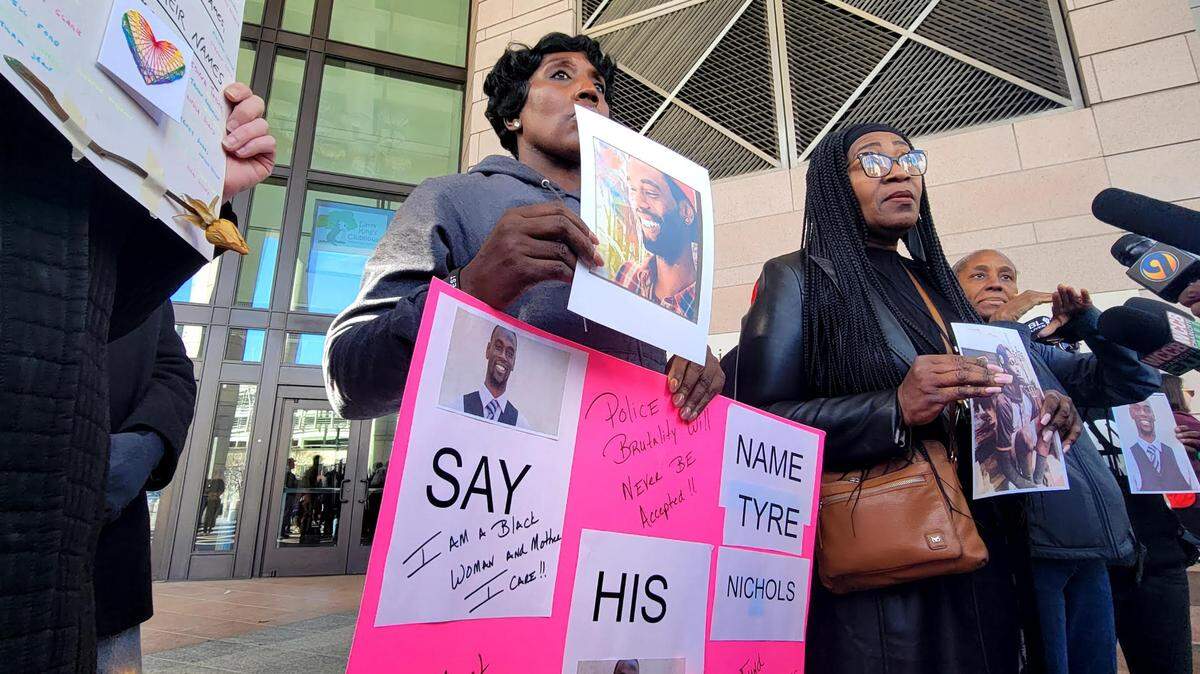 Demonstrators gathered outside the Mecklenburg County Courthouse in uptown Charlotte on Saturday, Jan. 28, 2023, to protest the fatal beating by Memphis police of Tyre Nichols.