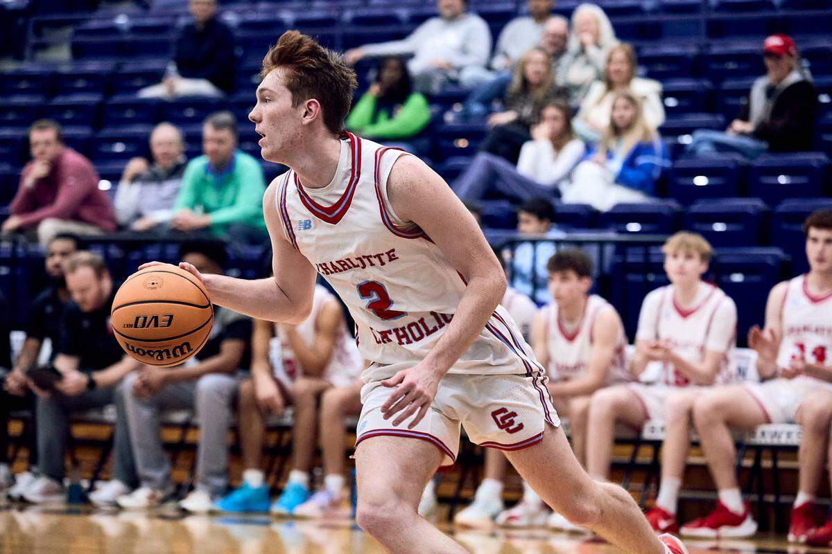 Charlotte Catholic wingJack Siegel (2) looks for an outlet pass in the first half of the 2025 Charlotte Latin Invitational Finals against Southlake Christian Academy.