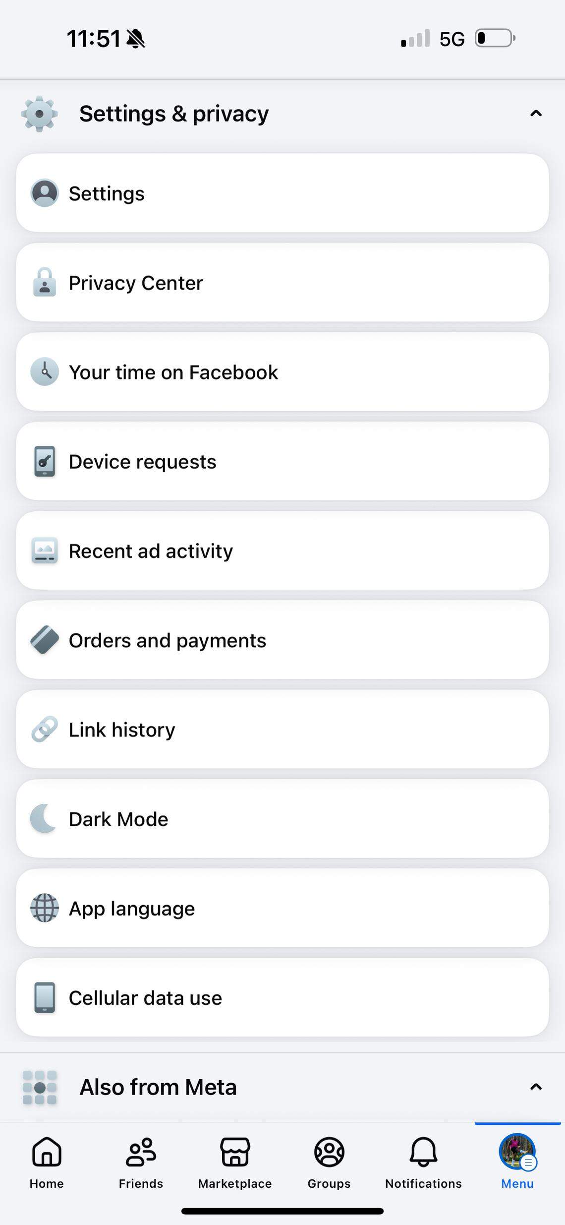 This screenshot shows the “Settings & privacy” menu on the Facebook app.