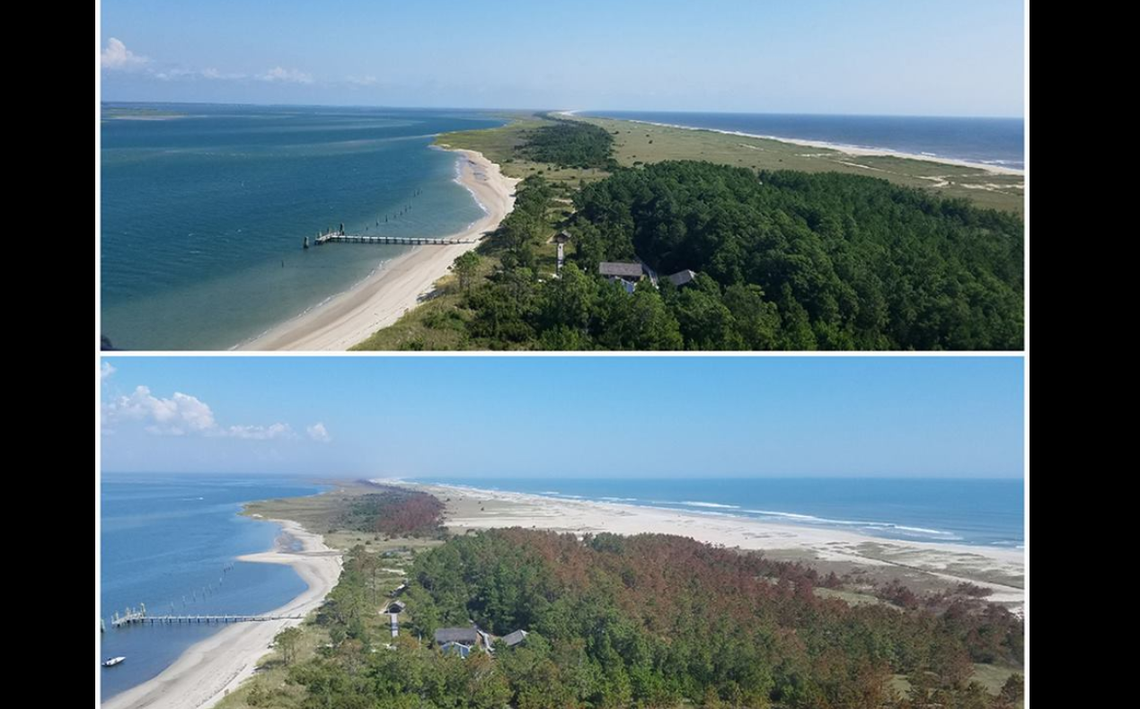 Before and after photos released by the National Park Service at Cape Lookout show how sand washed across Cape Lookout, creating a “tongue” of land on the opposite side of the island.