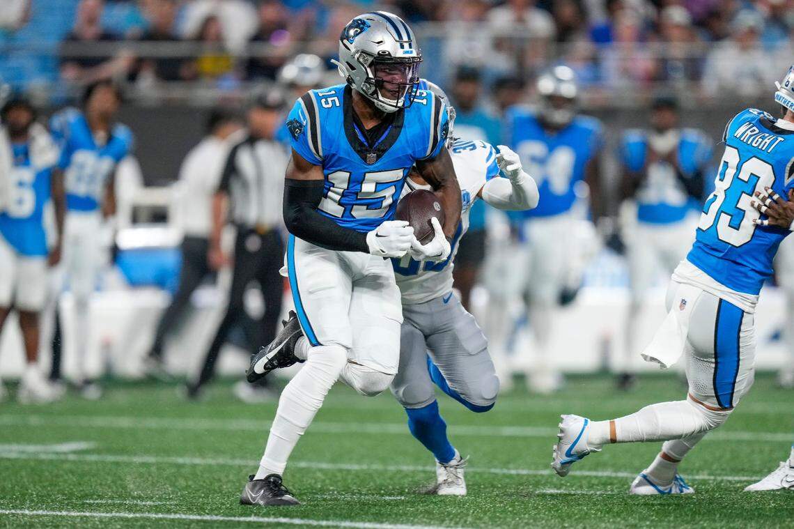 Carolina Panthers wide receiver Jonathan Mingo (15) runs during the first quarter against the Detroit Lions at Bank of America Stadium.