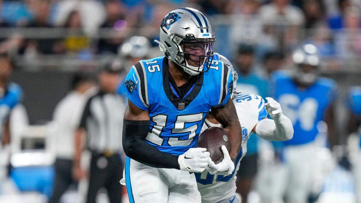 Carolina Panthers wide receiver Jonathan Mingo (15) runs during the first quarter against the Detroit Lions at Bank of America Stadium.