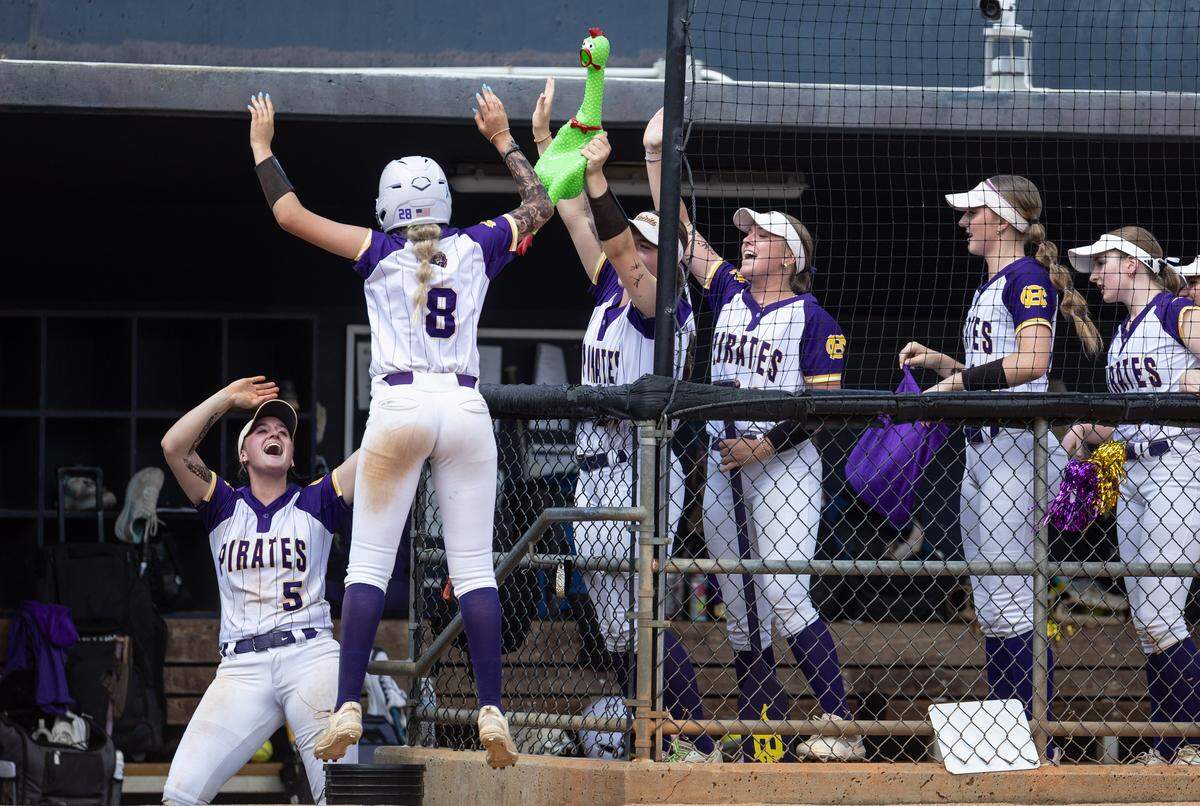 Corinth Holders Pirates Kendyl Bledsoe celebrates a run with teammates against the Providence Panthers at UNCG in Greensboro, N.C., on Thursday, May 28, 2026.