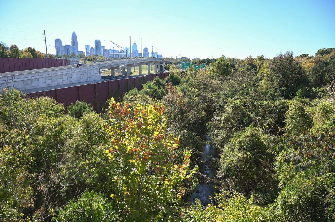 A view of Interstate-77 South and Irwin Creek are visible from the Oaklawn Avenue bridge in Charlotte, NC on Thursday, October 23, 2025. The bridge may be torn down in the near future for an expansion of I-77.