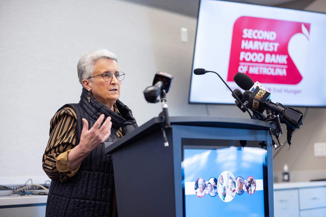 Kay Carter, CEO, Second Harvest Food Bank of Metrolina, speaks during a press conference to share their current and future steps in helping those impacted by SNAP cut-offs due to the government shutdown in Charlotte on Wednesday, November 5, 2025.