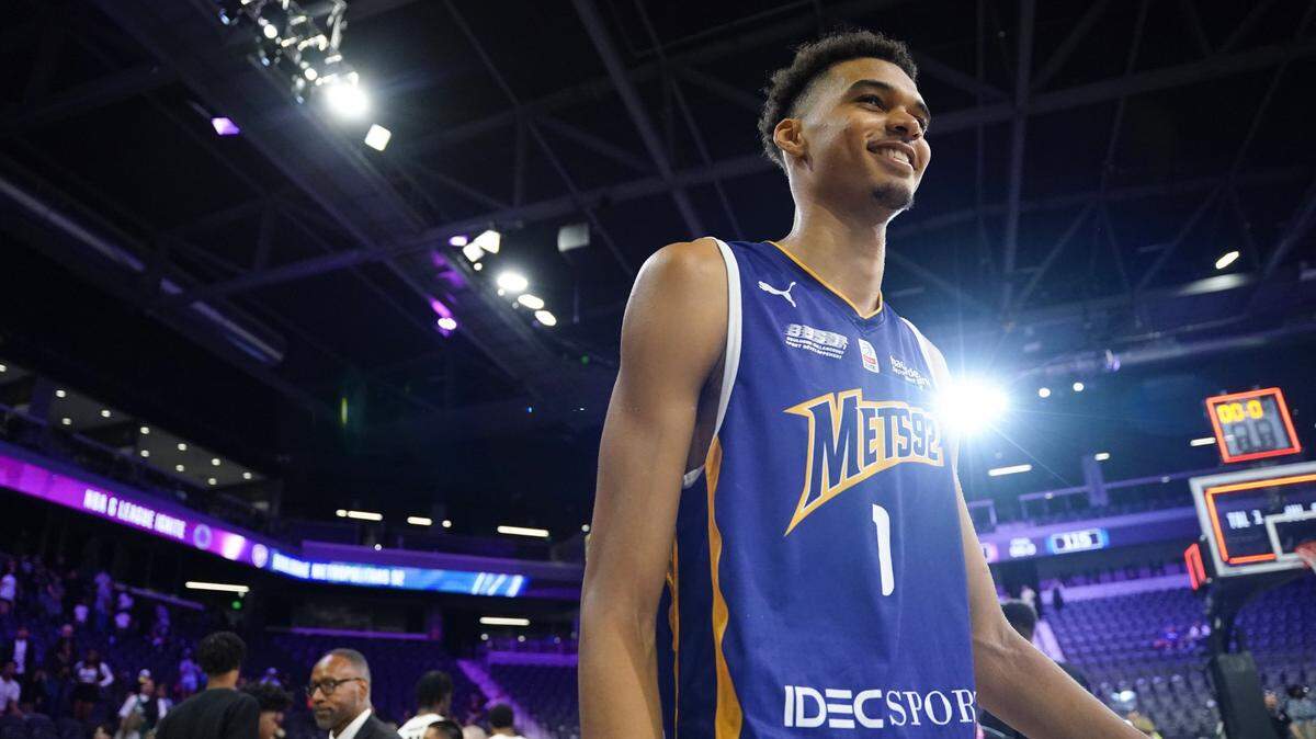 Boulogne-Levallois Metropolitans 92 forward Victor Wembanyama (1) smiles after an Oct.4, 2022, game against the NBA G League Ignite at The Dollar Loan Center in Nevada. Wembanyama is widely perceived to be the best prospect in the 2023 NBA Draft. The draft lottery is May 16, 2023, and the NBA Draft is on June 22, 2023.