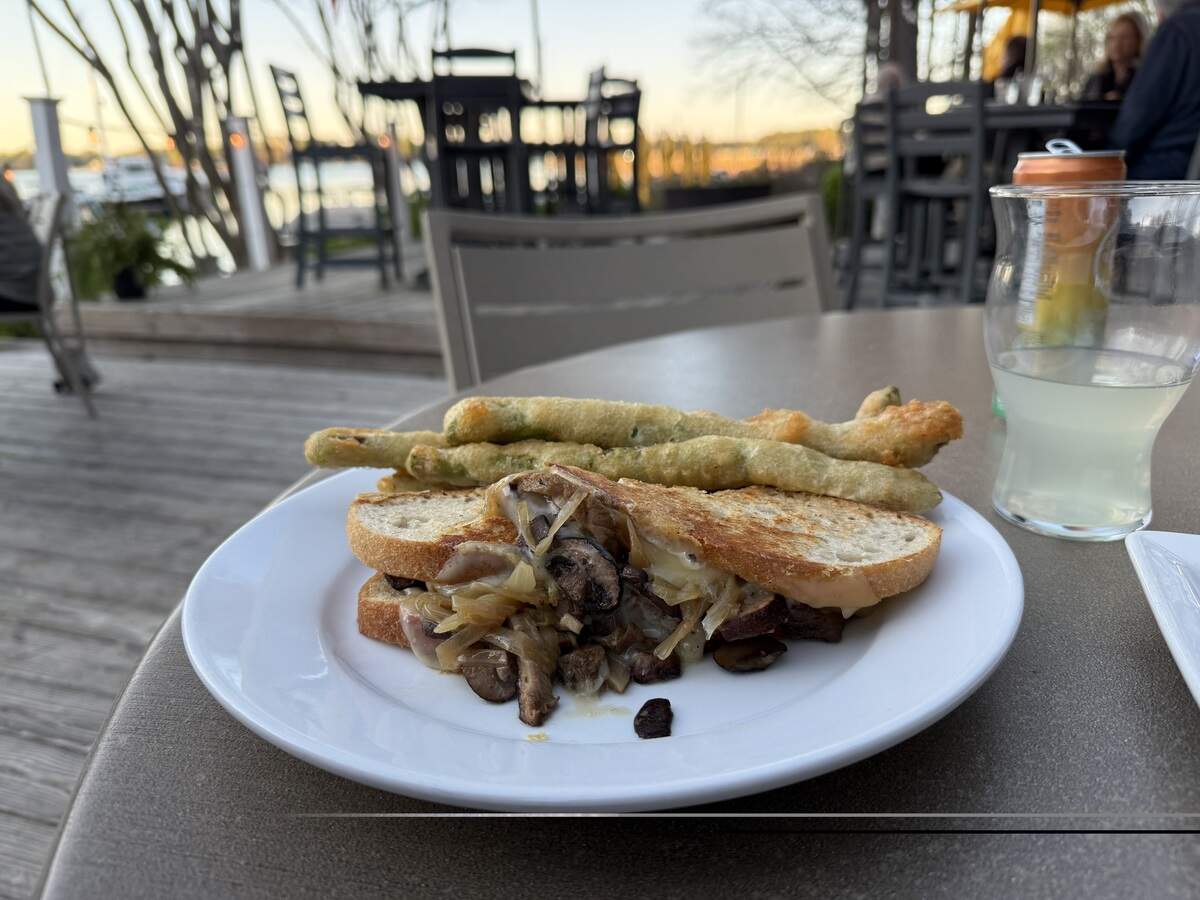 North Harbor Club’s Grown-Up Grilled Cheese comes with sauteed mushrooms and onions, fontina cheese and housemade “tomato jam” on sourdough white bread with asparagus fries.