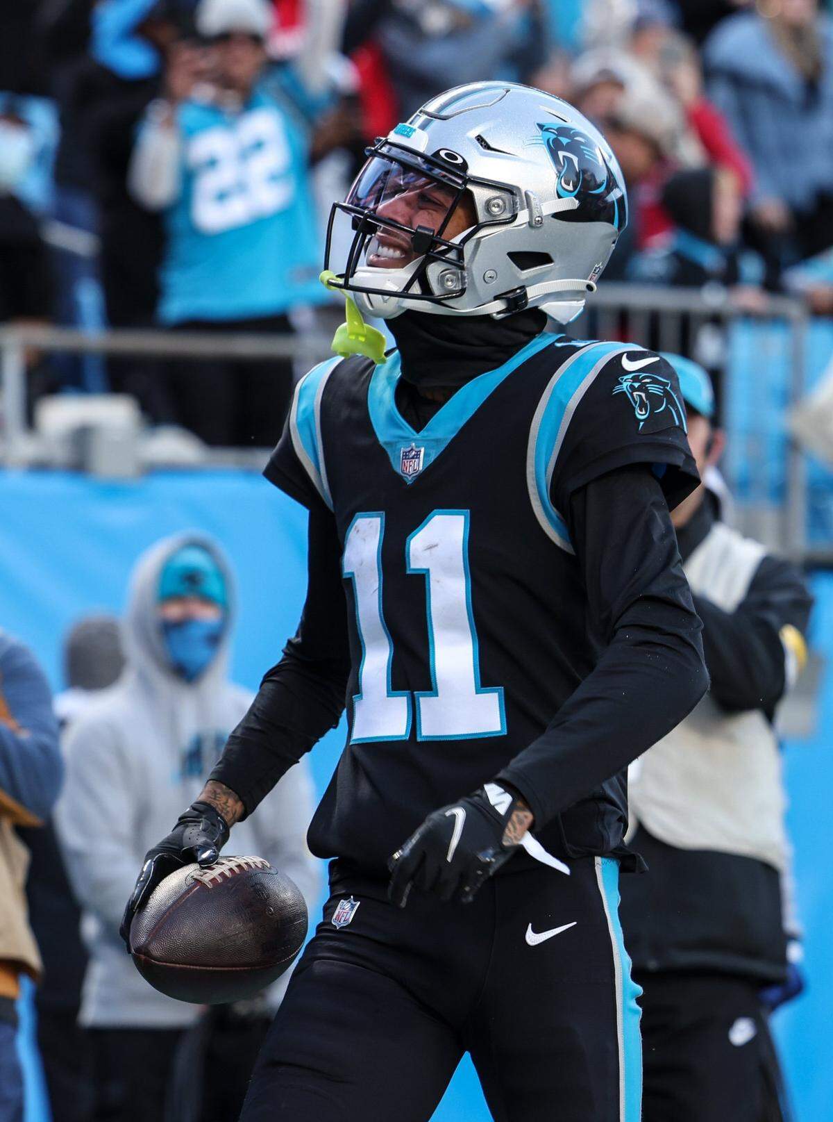 Carolina Panthers Robby Anderson celebrates a touchdown against the Atlanta Falcons at the Bank of America Stadium in Charlotte, N.C., on Sunday, December 12, 2021.