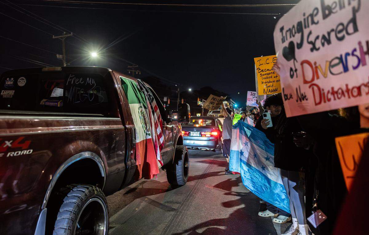 Protesters gather outside of Manolo’s Bakery to protest ICE and Border Patrol in Charlotte on Wednesday, November 20, 2025.