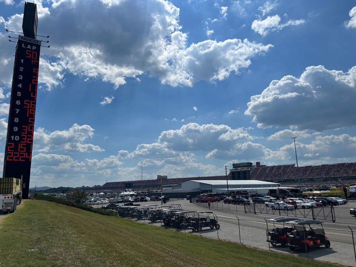 The scoring pylon at Talladega Superspeedway on Sept. 30, 2023. It has been removed.