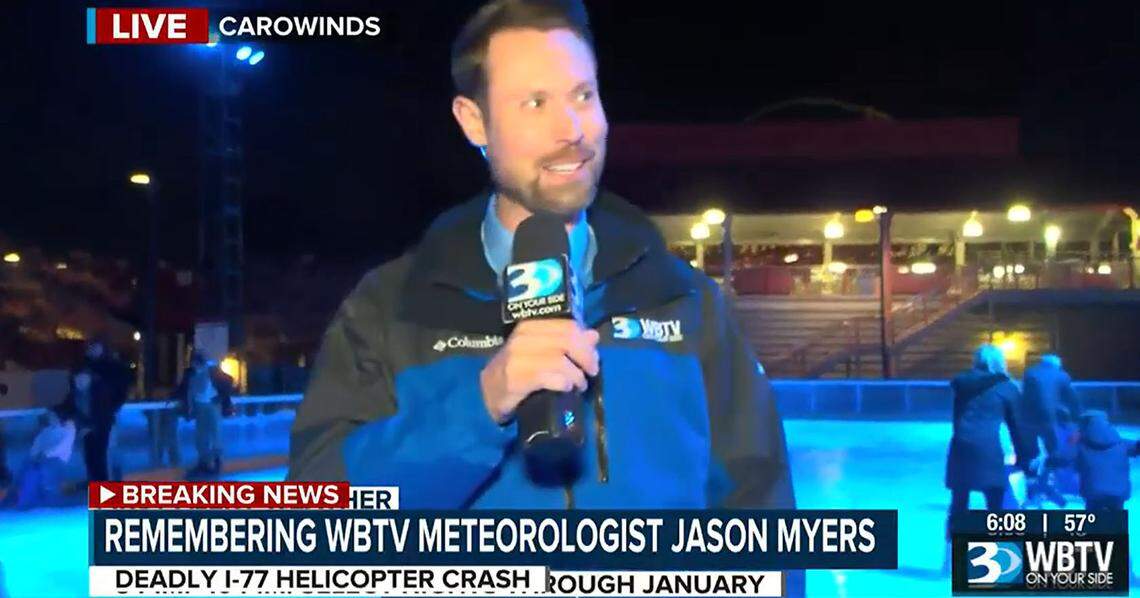 WBTV meteorologist Jason Myers delivers a report from Carowinds in this segment re-aired Tuesday, Nov. 22, 2022 following his death in a helicopter crash.