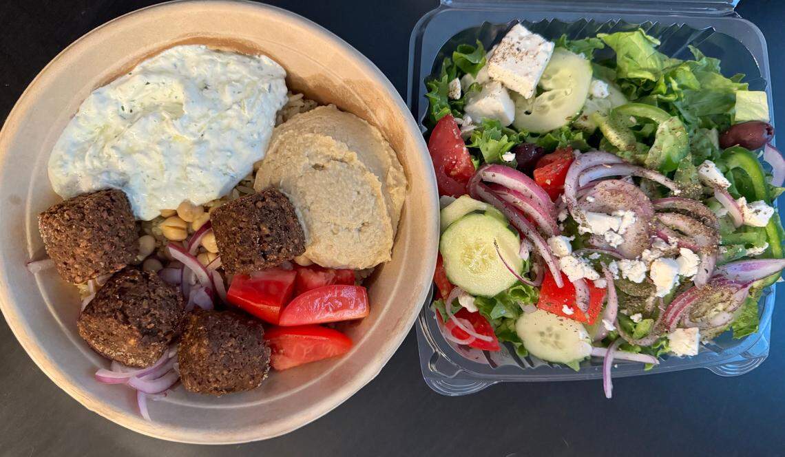 The Veggie One (bowl) with extra tzatziki and a traditional Greek Salad from Greco Fresh Grille in NoDa.
