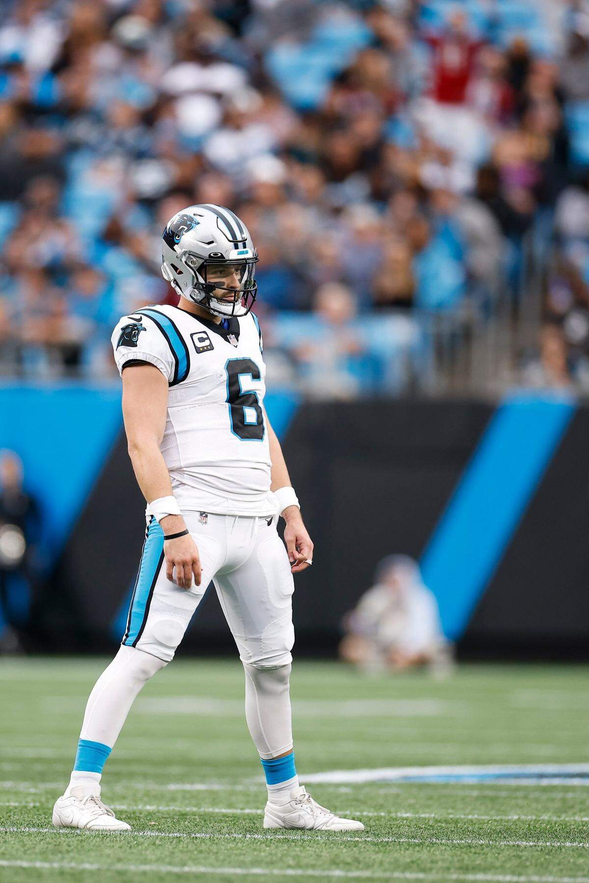 Carolina Panthers quarterback Baker Mayfield (6) reacts after throwing an interception Sunday. Mayfield had three turnovers in the Panthers’ 26-16 loss.