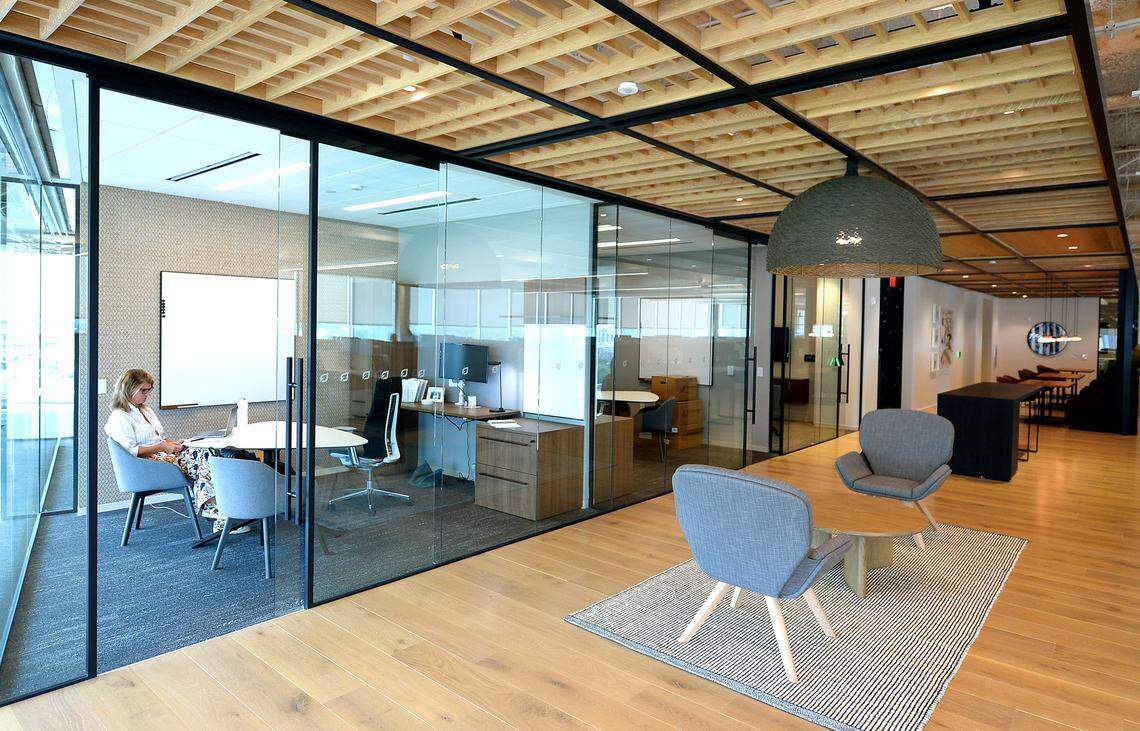 Jill Olmstead works in her human resources office at the new LendingTree headquarters in South End.