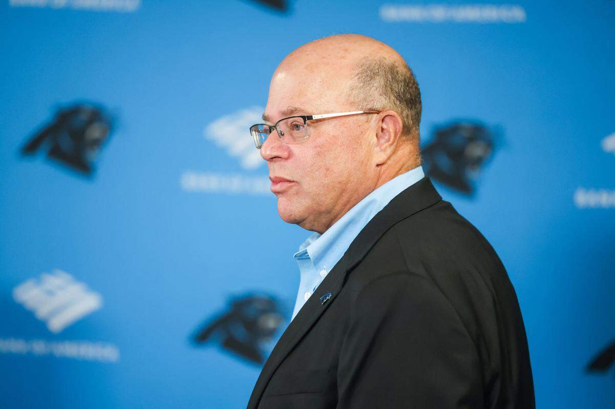 Team owner David Tepper speaks to media about the Panthers’ first round draft pick, quarterback Bryce Young, in the NFL Draft on Thursday, April 27, 2023.