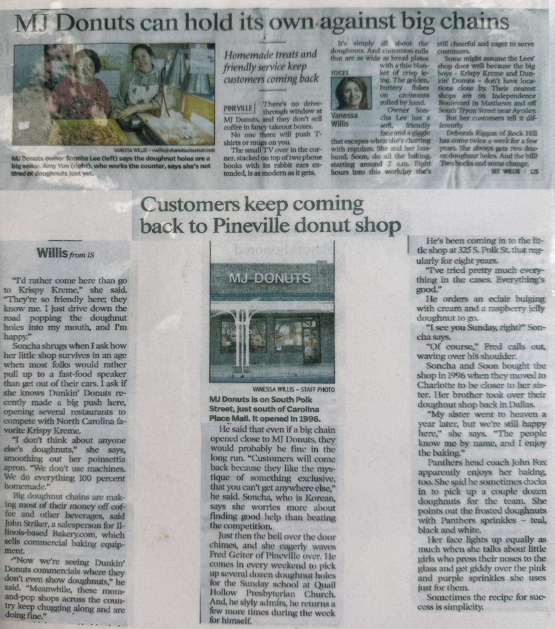 A collage of two newspaper articles about a local business, MJ Donuts. The articles highlight the shop’s homemade treats, friendly service from owners Soncha Lee and her sister Amy Yum, and strong customer loyalty that allows them to compete with large chains. The articles feature photos of the women working and the storefront.