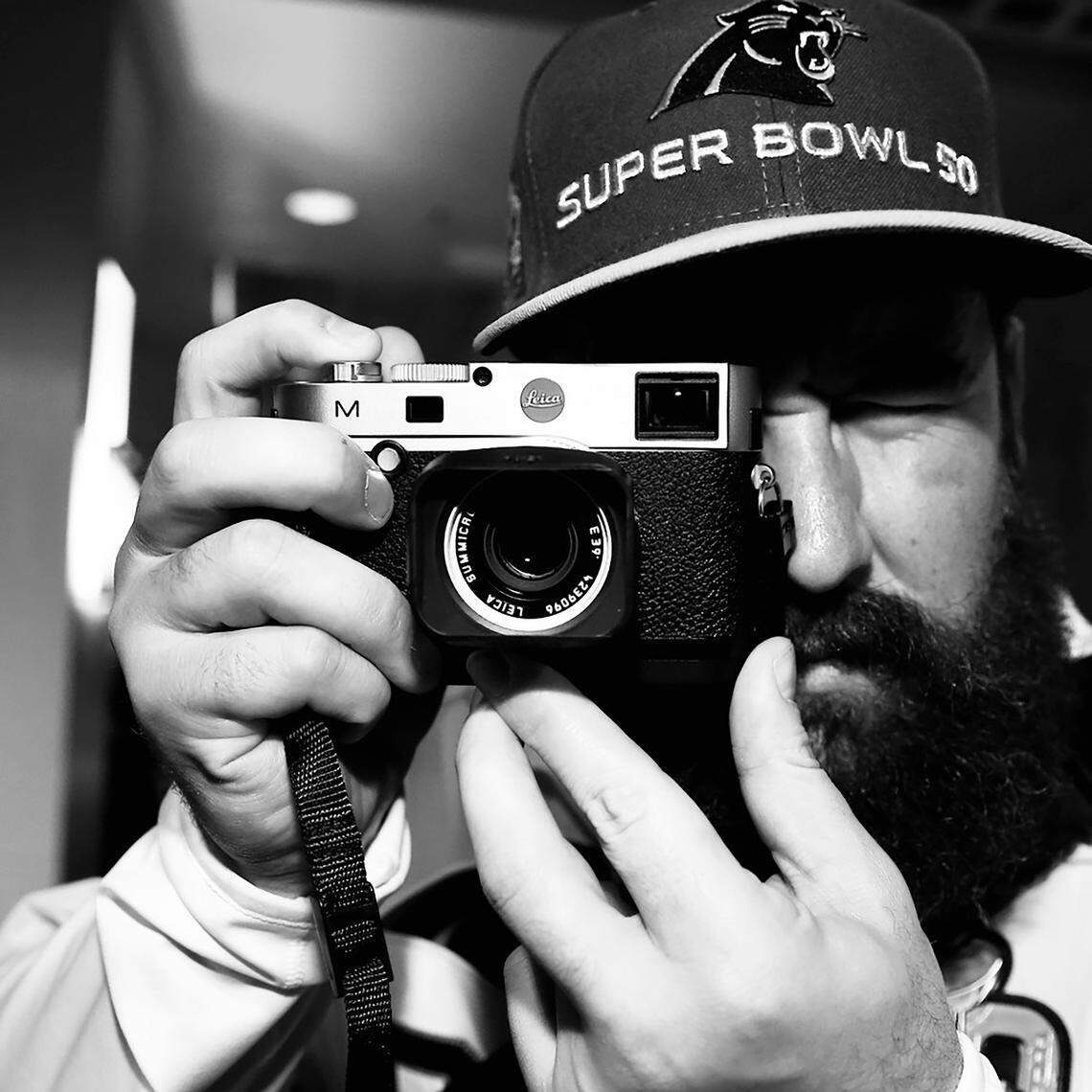 Panthers center Ryan Kalil, pictured here in a self-portrait, brought along a good camera to document the days leading up to Super Bowl 50 for the 2015 Carolina Panthers. After playing 12 years for the Panthers and making five Pro Bowls, Kalil has gone on to a successful film and TV production career.