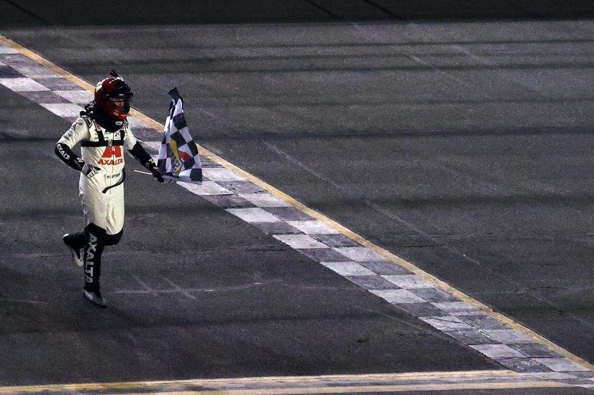 Feb 19, 2024; Daytona Beach, Florida, USA; NASCAR Cup Series driver William Byron (24) reacts after winning the Daytona 500 at Daytona International Speedway. Mandatory Credit: Peter Casey-USA TODAY Sports