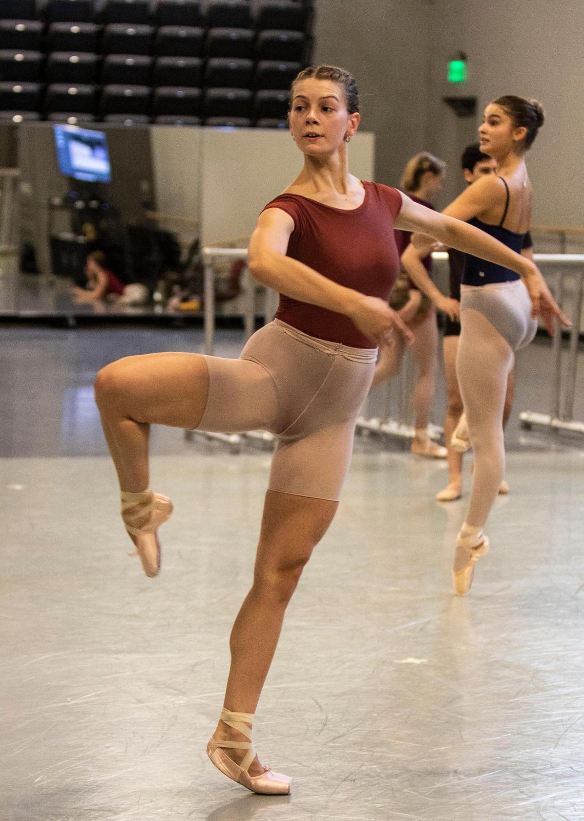 Anna Mains practices a combination given to her by Alejandro Cerrudo at a Charlotte Ballet rehearsal.