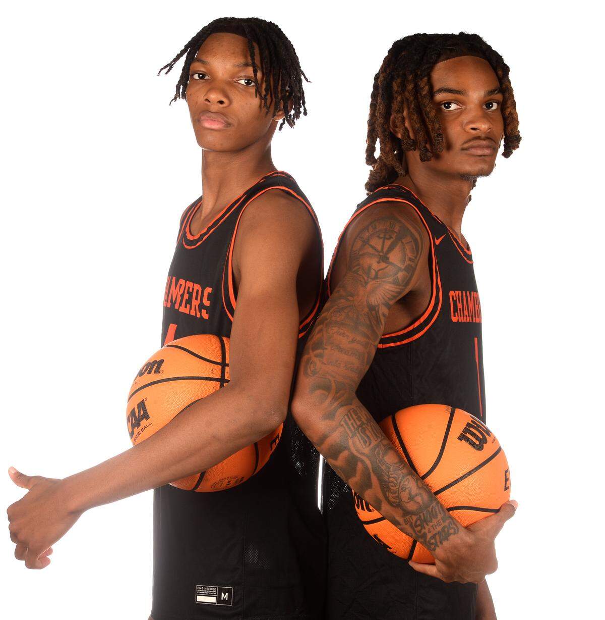Chambers High boys basketball players Tarris Bouie, left and Markus Kerry, right, on Wednesday, October 23, 2024.